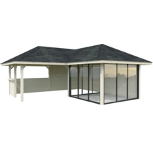 Pavillon en bois avec paroi coulissante en verre et toit