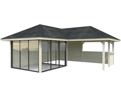 Pavillon en bois avec fenêtres et toit