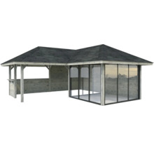 Salon d''angle de jardin avec façade en verre et murs en bois