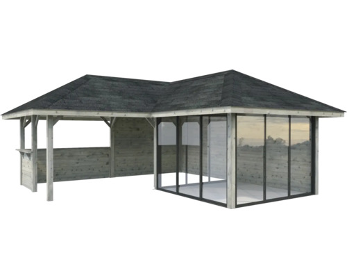 Salon d''angle de jardin avec façade en verre et murs en bois