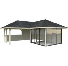 Abri de jardin en bois avec façade en verre et toit