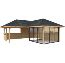 Pavillon de jardin en bois avec façade en verre et toit noir