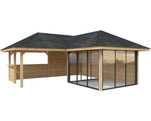 Pavillon de jardin en bois avec façade en verre et toit noir