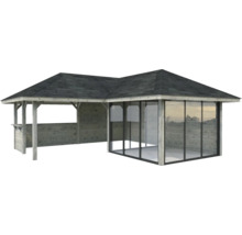 Pavillon en bois avec toit et façade en verre