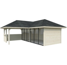 Abri de jardin en bois avec façade en verre et toit foncé