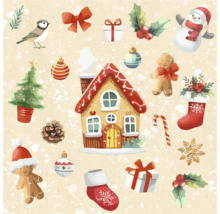 Illustration d''éléments de Noël tels que des bonhommes en pain d''épices, le Père Noël, des cadeaux et des décorations de Noël