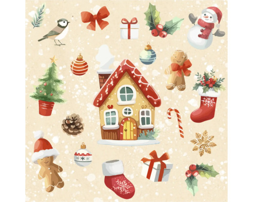 Illustration d''éléments de Noël tels que des bonhommes en pain d''épices, le Père Noël, des cadeaux et des décorations de Noël