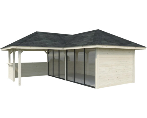 Pavillon de jardin en bois avec façade en verre et carton bitumé