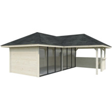 Pavillon de jardin avec portes coulissantes, murs en bois et carton bitumé