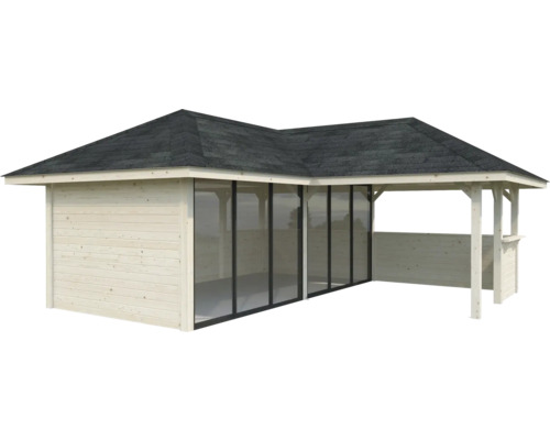 Pavillon de jardin avec portes coulissantes, murs en bois et carton bitumé