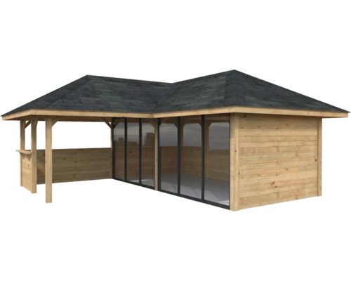 Pavillon Tonnelle Palmako 588 x 588 mm bois brun Maison de jardin en bois avec toit et portes coulissantes en verre