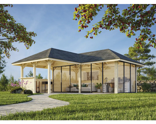 Pavillon de jardin avec façade en verre et toit foncé dans un environnement verdoyant