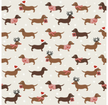 Motif avec des teckels portant des bonnets de Noël, des bois de cerf, des écharpes et des pulls