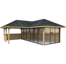 Pavillon de jardin en bois avec parois en verre et toit