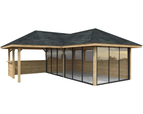 Pavillon de jardin en bois avec parois en verre et toit