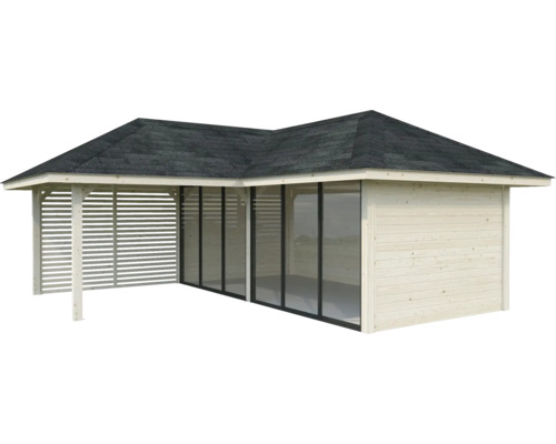 Pavillon en bois avec verre et murs à lamelles