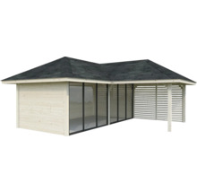 Abri de jardin avec revêtement en bois, portes coulissantes en verre et terrasse couverte