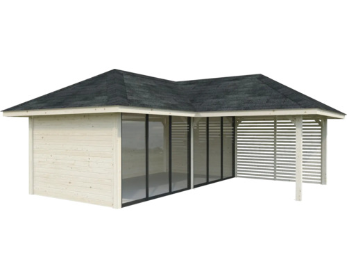 Pavillon Tonnelle Palmako 588 x 588 mm bois Abri de jardin avec revêtement en bois, portes coulissantes en verre et terrasse couverte