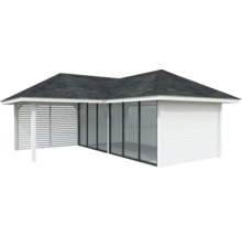 Abri de jardin avec paroi à lamelles, portes coulissantes en verre et toit