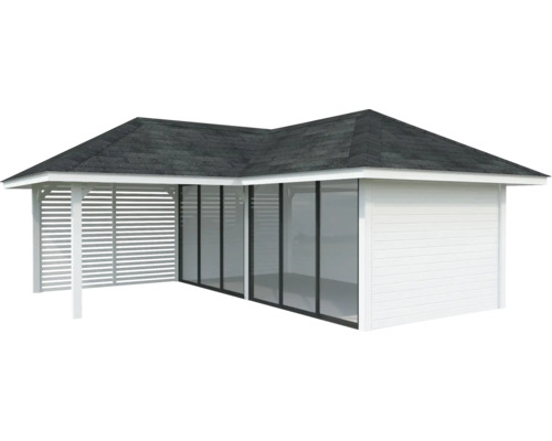 Abri de jardin avec paroi à lamelles, portes coulissantes en verre et toit