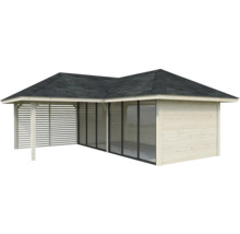 Pavillon de jardin avec paroi à lamelles, façade en verre et carton bitumé