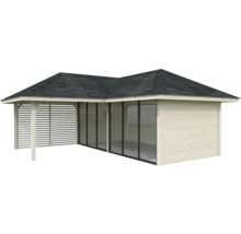 Abri de jardin avec revêtement en bois, façade vitrée et carton bitumé