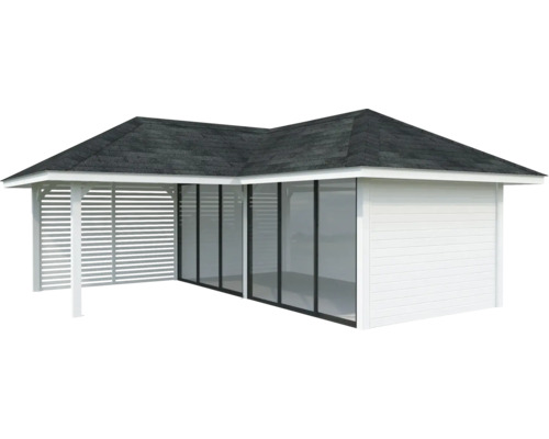 Abri de jardin en bois avec façade en verre et toit