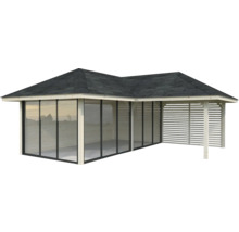 Pavillon de jardin avec portes coulissantes en verre et paroi à lamelles