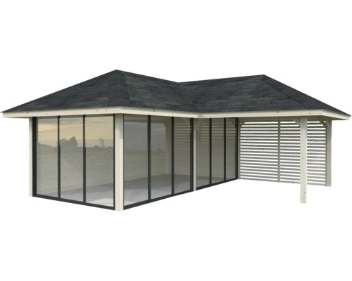 Pavillon Tonnelle Palmako 588 x 588 mm bois Pavillon de jardin avec portes coulissantes en verre et paroi à lamelles