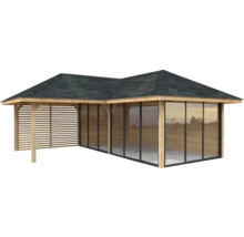 Pavillon en bois avec toit, parois latérales et fenêtres