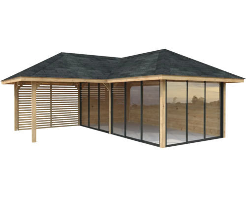 Pavillon en bois avec toit, parois latérales et fenêtres