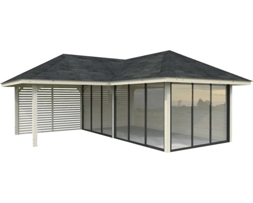 Pavillon avec paroi à lamelles et éléments de fenêtre