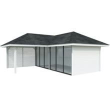 Pavillon autoportant avec paroi à lamelles, façade en verre et toit