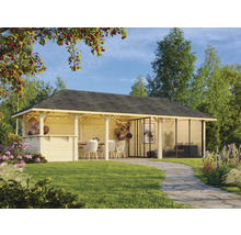 Maison de jardin en bois avec toit, terrasse et façade en verre dans le jardin