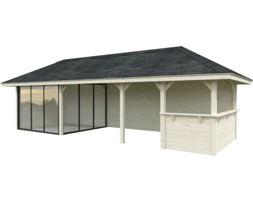 Abri de jardin en bois avec portes coulissantes en verre et toit