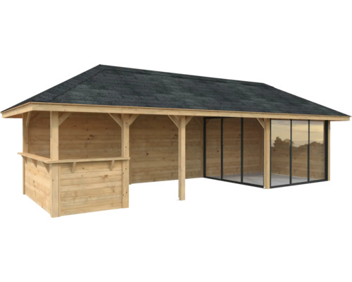 Pavillon de jardin en bois avec portes coulissantes et toit