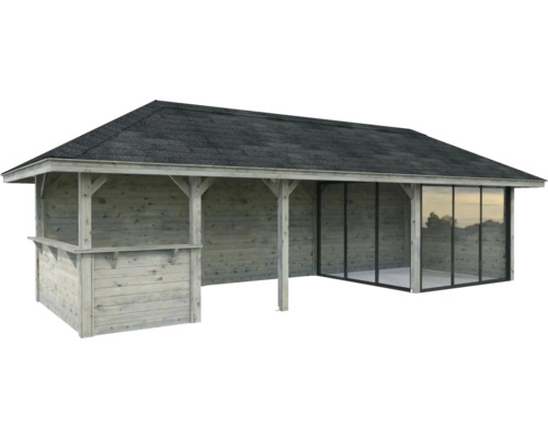 Abri de jardin en bois avec façade en verre et carton bitumé