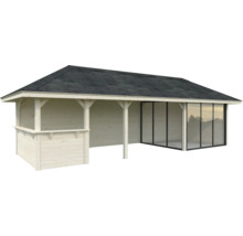 Pavillon en bois avec façade en verre et toit