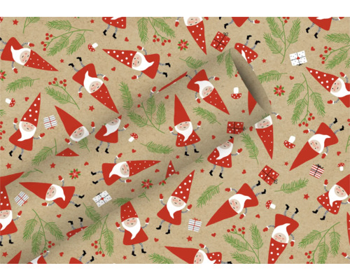 Papier cadeau Kraft by Nature 200 cm x 70 cm Gnomes Papier cadeau avec motif de lutin de Noël