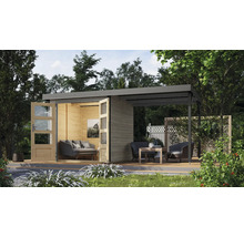 Modernes Gartenhaus mit offenem Wohnbereich und Lounge-Bereich im Freien