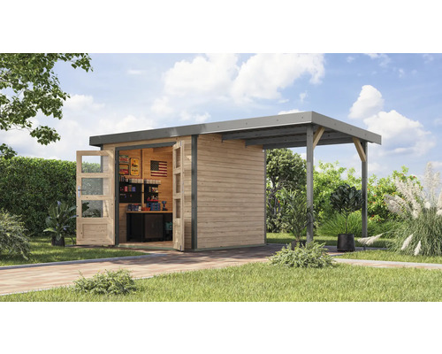 Abri de jardin Karibu Metalwood 3A tôle gris alu avec toit rapporté 2,35 m 486,5 x 236,5 cm naturel Abri de jardin Karibu Metalwood 3A tôle gris alu avec toit rapporté 2,35 m 486,5 x 236,5 cm naturel