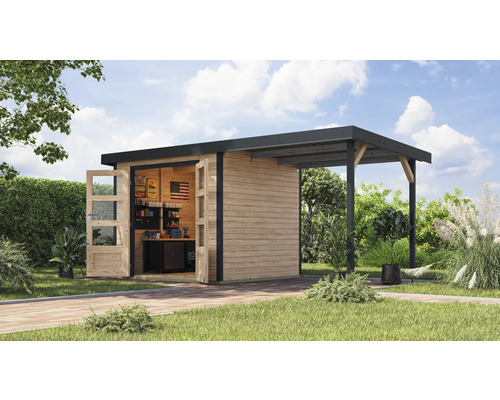 Abri de jardin Karibu Metalwood 3A tôle anthracite avec toit rapporté 2,35 m 486,5 x 236,5 cm naturel Abri de jardin Karibu Metalwood 3A tôle anthracite avec toit rapporté 2,35 m 486,5 x 236,5 cm naturel