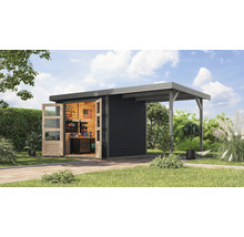 Modernes Gartenhaus mit Schleppdach und geöffneten Glastüren