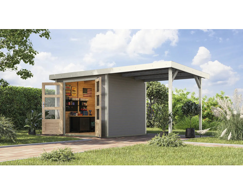 Abri de jardin Karibu Metalwood 3D tôle blanche avec toit rapporté 2,35 m 486,5 x 236,5 cm gris eau Abri de jardin Karibu Metalwood 3D tôle blanche avec toit rapporté 2,35 m 486,5 x 236,5 cm gris eau