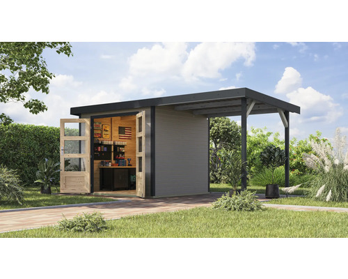 Abri de jardin Karibu Metalwood 3D tôle anthracite avec toit rapporté 2,35 m 486,5 x 236,5 cm gris eau Abri de jardin Karibu Metalwood 3D tôle anthracite avec toit rapporté 2,35 m 486,5 x 236,5 cm gris eau