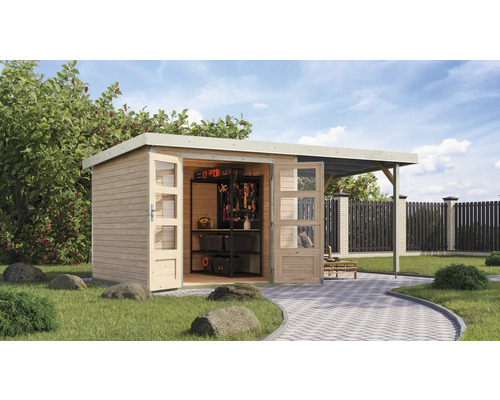 Abri de jardin Karibu Metalwood 3,5A tôle blanche avec toit rapporté 2,35 m 486,5 x 266,5 cm naturel Abri de jardin Karibu Metalwood 3,5A tôle blanche avec toit rapporté 2,35 m 486,5 x 266,5 cm naturel