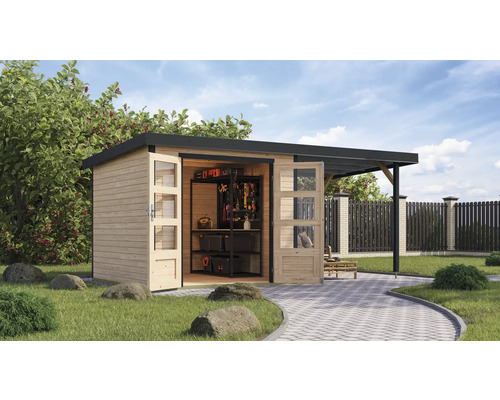 Abri de jardin Karibu Metalwood 3,5A tôle anthracite avec toit rapporté 2,35 m 486,5 x 266,5 cm naturel Abri de jardin Karibu Metalwood 3,5A tôle anthracite avec toit rapporté 2,35 m 486,5 x 266,5 cm naturel