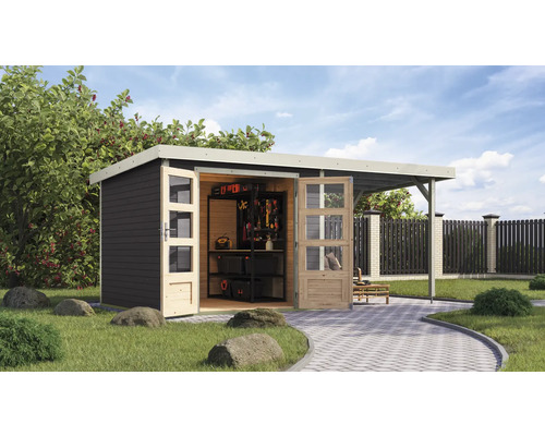 Abri de jardin Karibu Metalwood 3,5B tôle blanche avec toit rapporté 2,35 m 486,5 x 266,5 cm gris terre Abri de jardin Karibu Metalwood 3,5B tôle blanche avec toit rapporté 2,35 m 486,5 x 266,5 cm gris terre