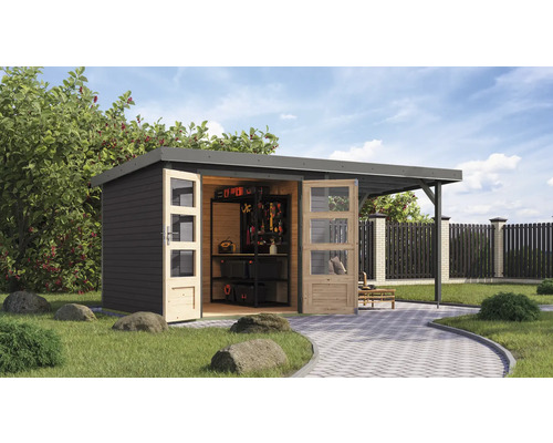 Abri de jardin Karibu Metalwood 3,5B tôle gris aluminium avec toit rapporté 2,35 m 486,5 x 266,5 cm gris terre Abri de jardin Karibu Metalwood 3,5B tôle gris aluminium avec toit rapporté 2,35 m 486,5 x 266,5 cm gris terre