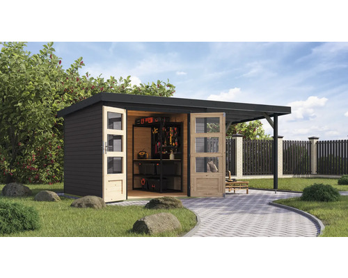 Abri de jardin Karibu Metalwood 3,5B tôle anthracite avec toit rapporté 2,35 m 486,5 x 266,5 cm gris terre Abri de jardin Karibu Metalwood 3,5B tôle anthracite avec toit rapporté 2,35 m 486,5 x 266,5 cm gris terre